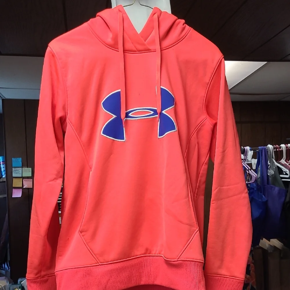 Under Armour Vibrant Pink/ Orange Hoodie with Blue Logo - Picture 1 of 4